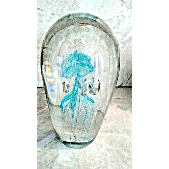 Jellyfish Glass 7" Tall Handblown Paperweight Ocean Man O War Light Blue Clear - Picture 2 of 10